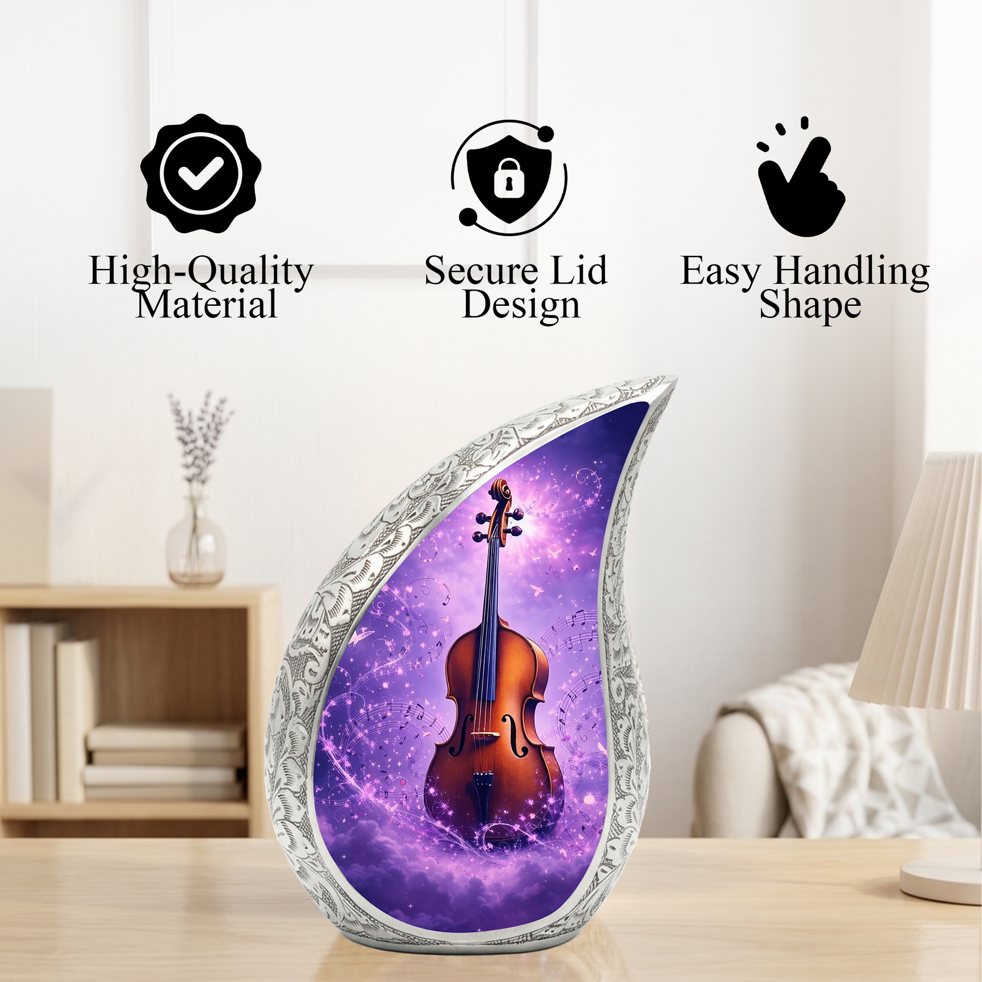 Personalized Violin Cremation Urn – Custom Music Memorial Urn for Ashes, Teardrop Aluminum Adult Urn, 10 Inch
