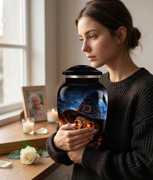 Halloween Skull Adult Urn for Ashes – Gothic Witch Hat Cremation Urn for Adults