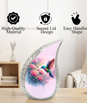 Personalized Hummingbird Cremation Urn – Custom Rose Memorial Urn for Ashes, Floral Teardrop Aluminum Adult Urn, 10 Inch