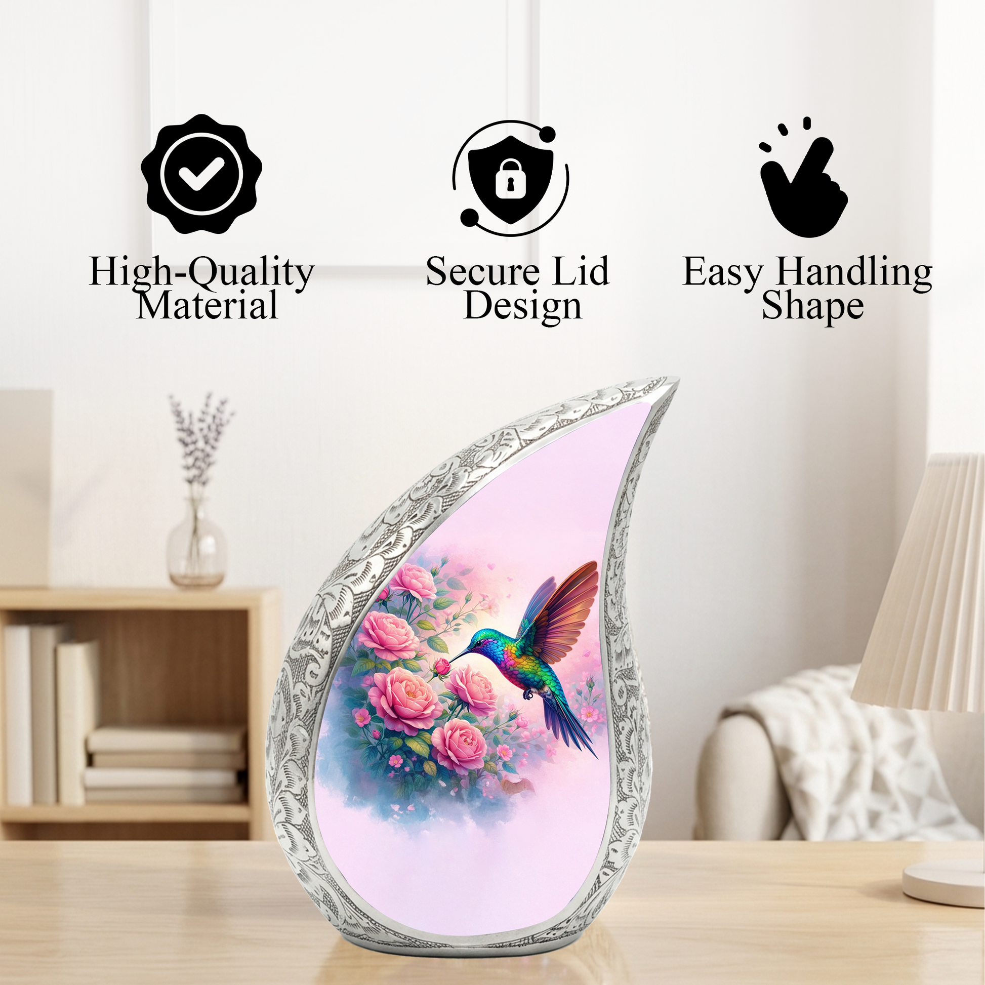 Personalized Hummingbird Cremation Urn – Custom Rose Memorial Urn for Ashes, Floral Teardrop Aluminum Adult Urn, 10 Inch