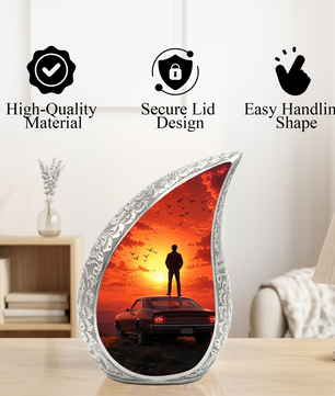 Classic Muscle Car Sunset Urn for Adult Ashes – Vintage Car Memorial Cremation Urn
