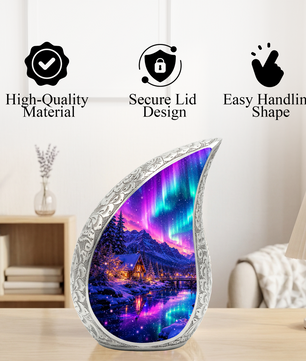 Aurora Winter Landscape Cremation Urn for Mom, Dad & Loved Ones | Beautiful Wooden Urns for Human Ashes, Personalized Memorial Adult Urn