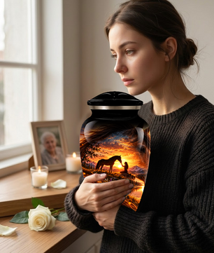Personalized Adult Cremation Urn for Ashes, Custom Memorial Urn, Horse Sunset Artwork, Adult Urn