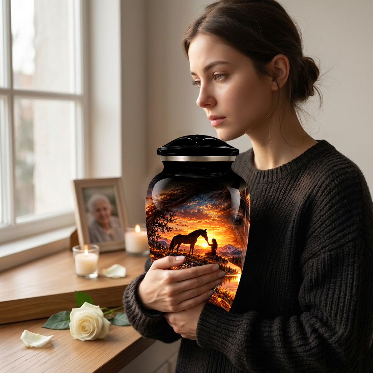 Personalized Adult Cremation Urn for Ashes, Custom Memorial Urn, Horse Sunset Artwork, Adult Urn