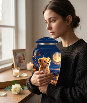 Personalized Adult Cremation Urn for Ashes, Baby Lion Under Golden Moon Memorial Urn