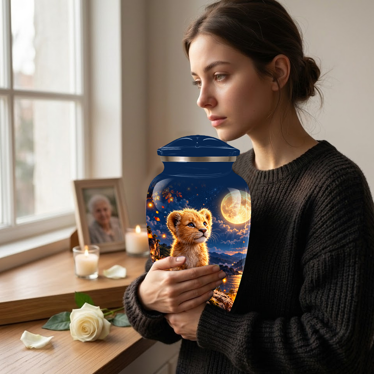 Personalized Adult Cremation Urn for Ashes, Baby Lion Under Golden Moon Memorial Urn