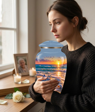 Adult Cremation Urn for Ashes, Personalized Seashell Beach Sunset Urn