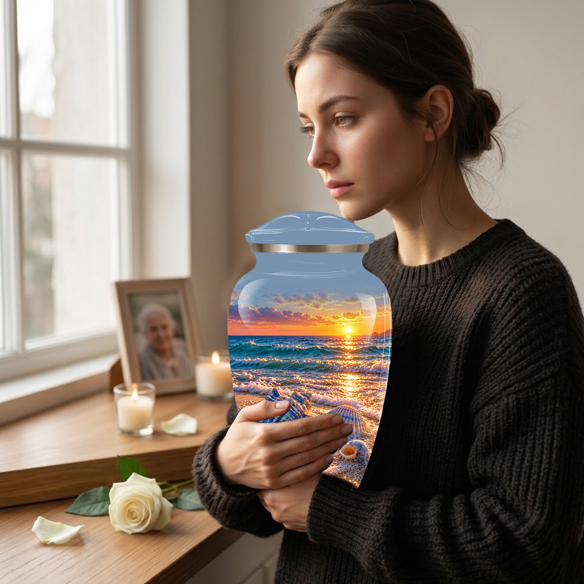 Adult Cremation Urn for Ashes, Personalized Seashell Beach Sunset Urn