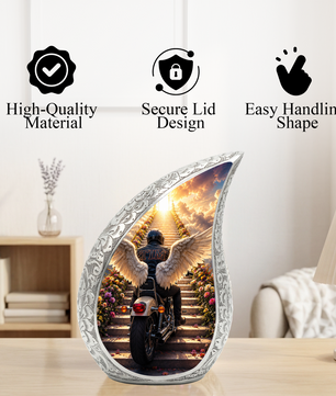 Motorcycle Angel Wings Urn for Dad Ashes | Motorcycle Cremation Urn for Men, Adult Male Memorial Urn for Father,