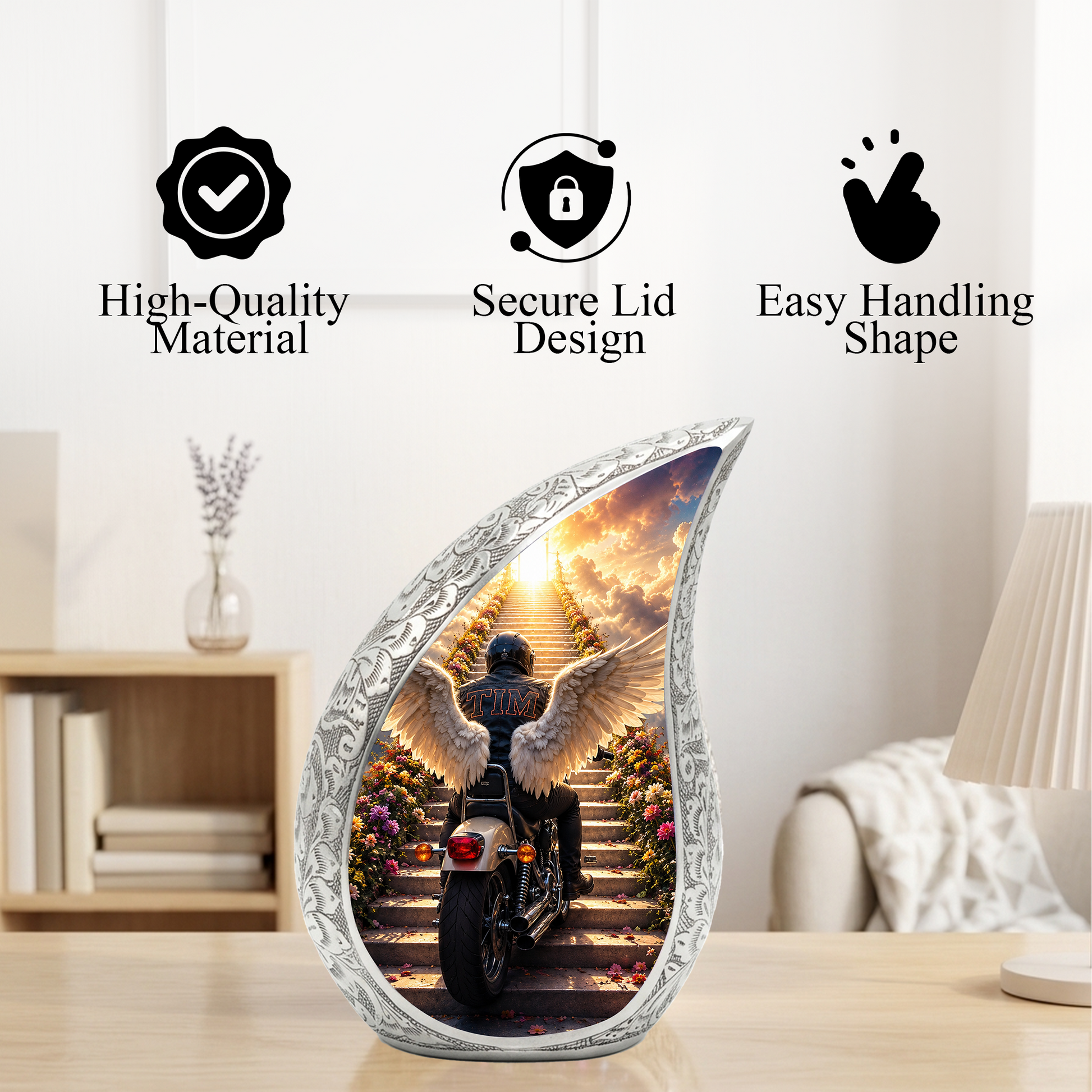 Motorcycle Angel Wings Urn for Dad Ashes | Motorcycle Cremation Urn for Men, Adult Male Memorial Urn for Father,
