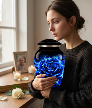 Blue Rose Cremation Urn for Ashes | Personalized Memorial Urn for Human Ashes | Handmade Aluminum Adult Urn