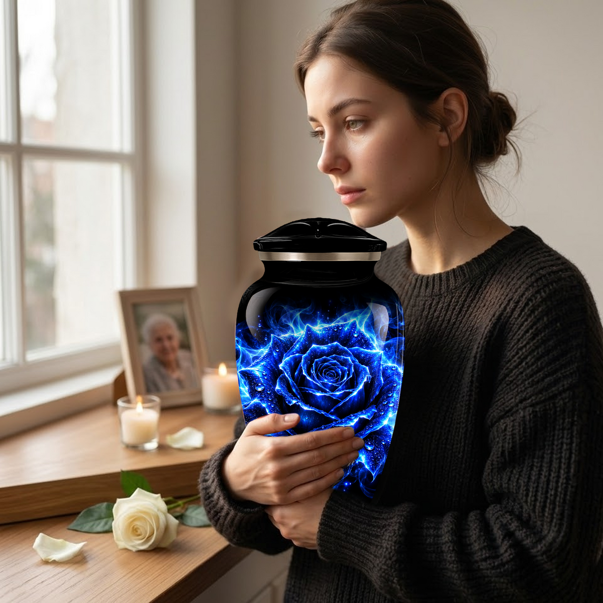 Blue Rose Cremation Urn for Ashes | Personalized Memorial Urn for Human Ashes | Handmade Aluminum Adult Urn