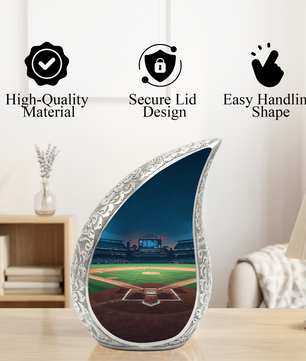 Baseball Personalized Cremation Urn for Dad – Teardrop Style Aluminum Memorial Urn, 10 Inch