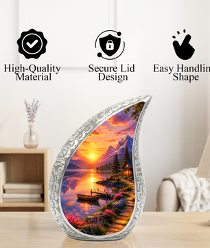 Sunset Lake Cremation Urn for Adult Ashes, Mountain Landscape Memorial Urn