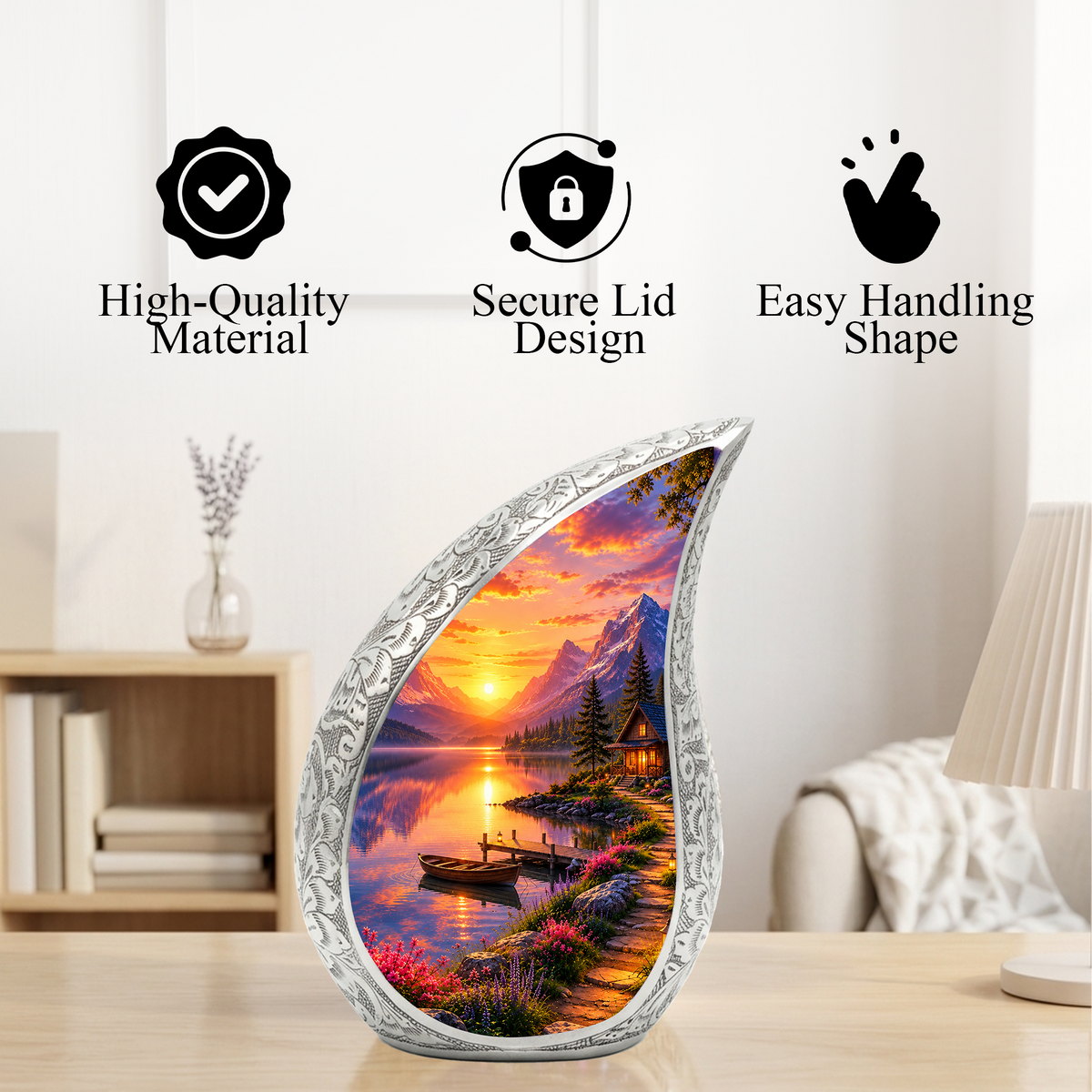 Sunset Lake Cremation Urn for Adult Ashes, Mountain Landscape Memorial Urn