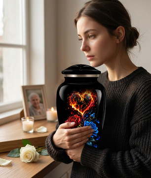 Red & Blue Rose Heart Cremation Urn for Ashes | Personalized Adult Memorial Urn
