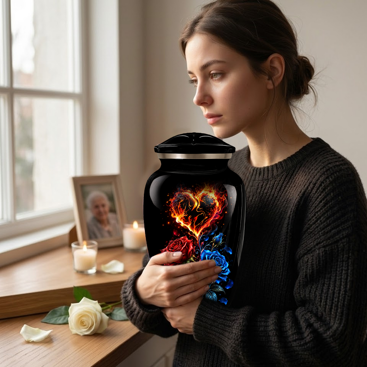 Red & Blue Rose Heart Cremation Urn for Ashes | Personalized Adult Memorial Urn