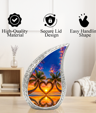 Palm Tree Heart Memorial Keepsake Urn for Mom – Personalized Cremation Urn for Human Ashes | Beach Sunset Memorial Urn