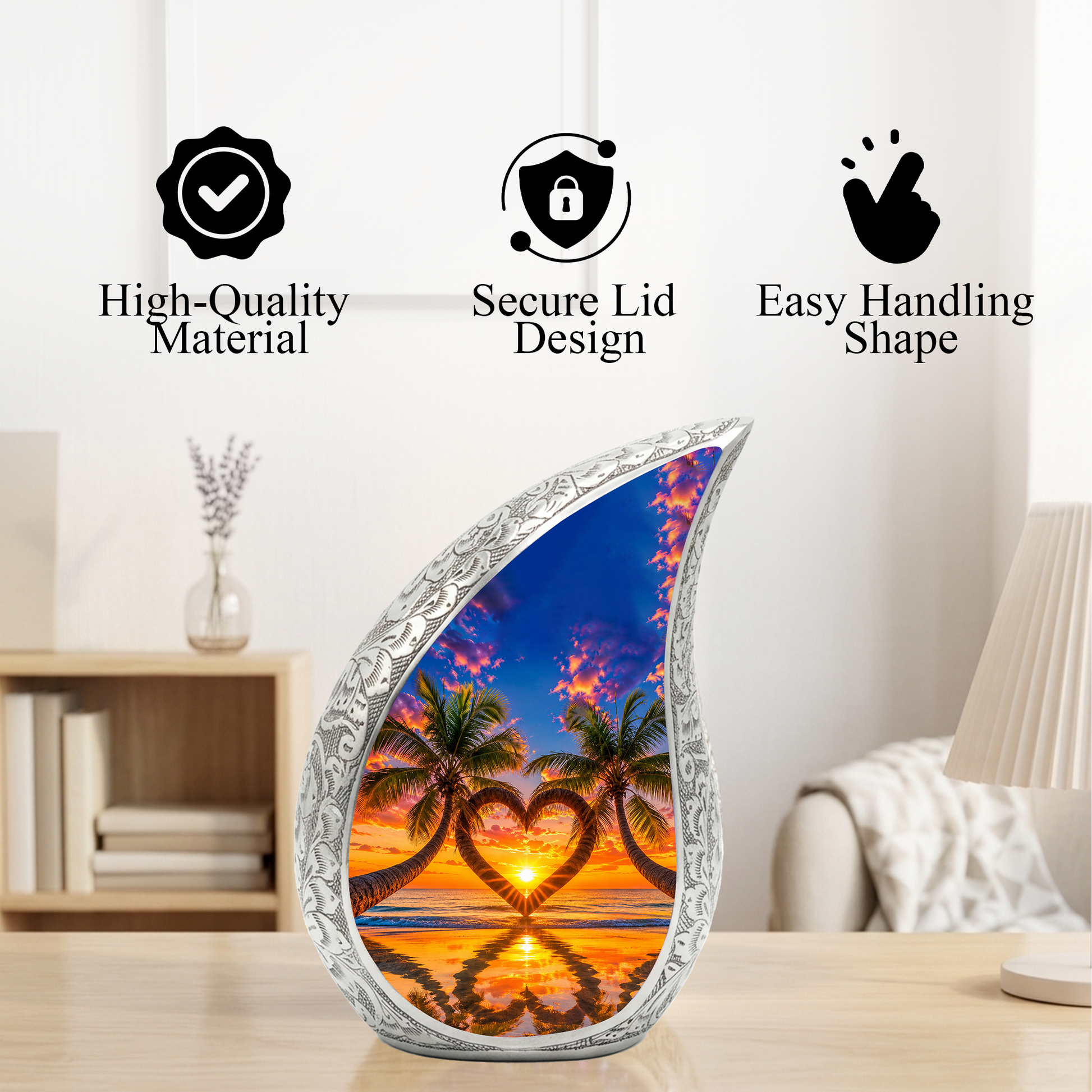 Palm Tree Heart Memorial Keepsake Urn for Mom – Personalized Cremation Urn for Human Ashes | Beach Sunset Memorial Urn