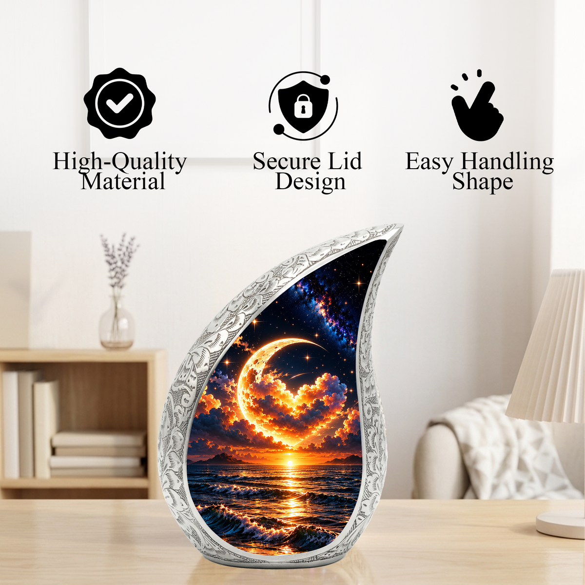 Ocean Sunset Adult Urn for Ashes, Golden Moon Cremation Urn for Human Ashes