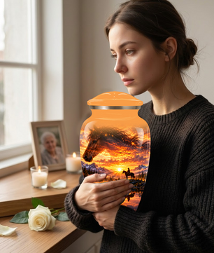 Personalized Horse Cremation Urn for Ashes, Horse Memorial Urn, Sunset Cowboy Urn