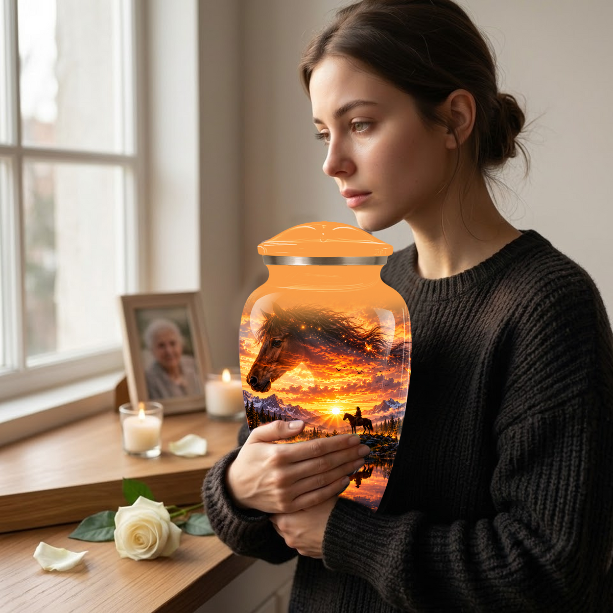 Personalized Horse Cremation Urn for Ashes, Horse Memorial Urn, Sunset Cowboy Urn