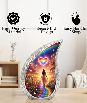 Women Rainbow Heart Urn for Human Ashes – Beautiful Colorful Cremation Urn for Mom