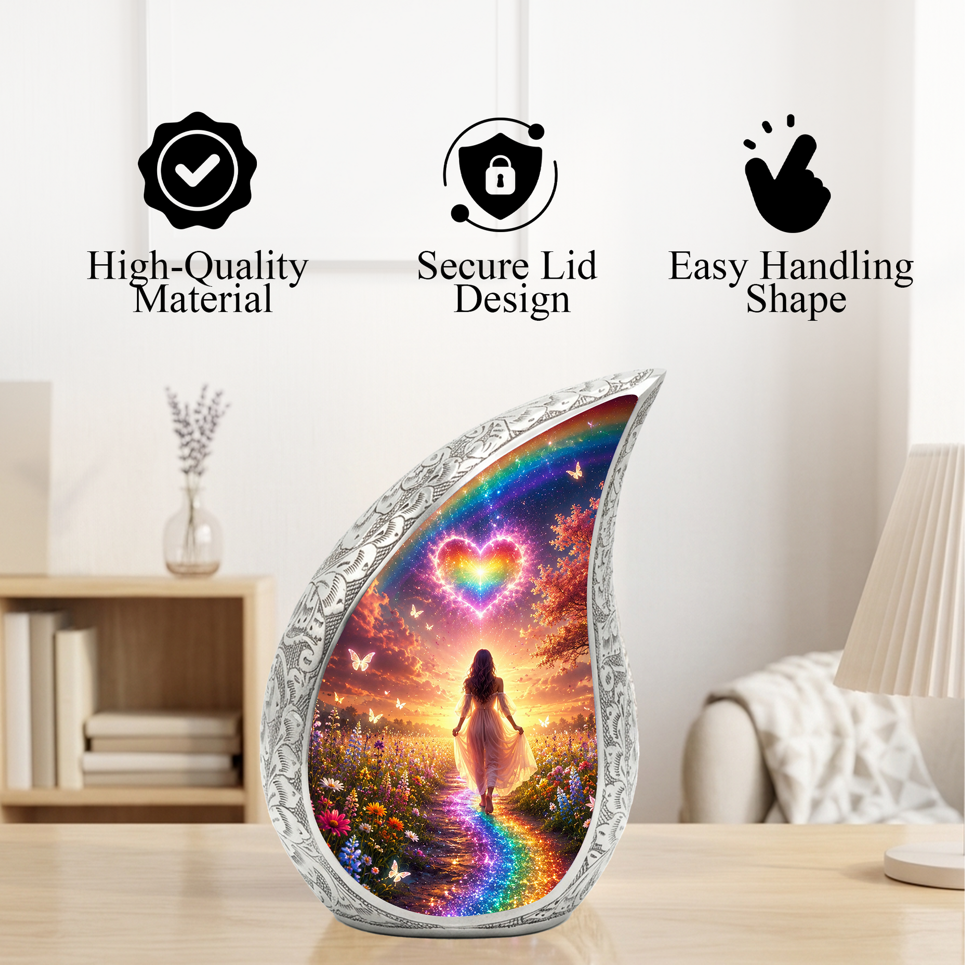 Women Rainbow Heart Urn for Human Ashes – Beautiful Colorful Cremation Urn for Mom