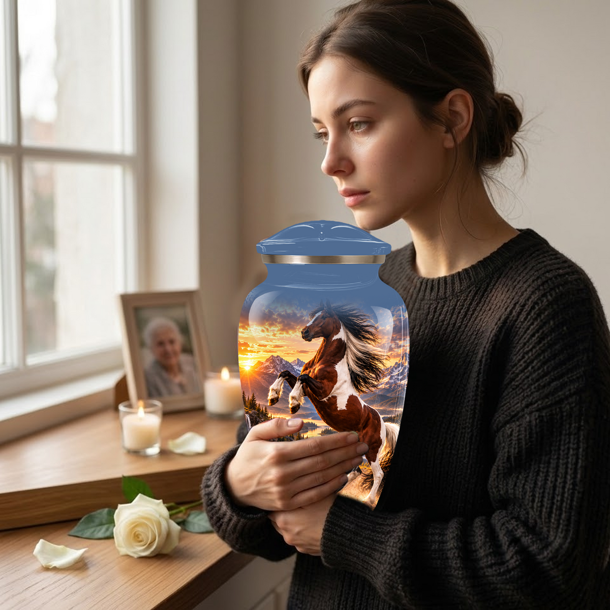 Horse Cremation Urn for Ashes, Rearing Horse Sunset Design, Custom Horse Lover Pet Memorial Urn