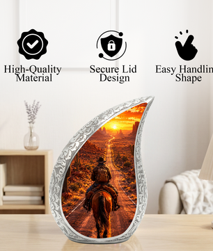 Cowboy Sunset Urn for Dad | Western Horse Cremation Urn for Human Ashes