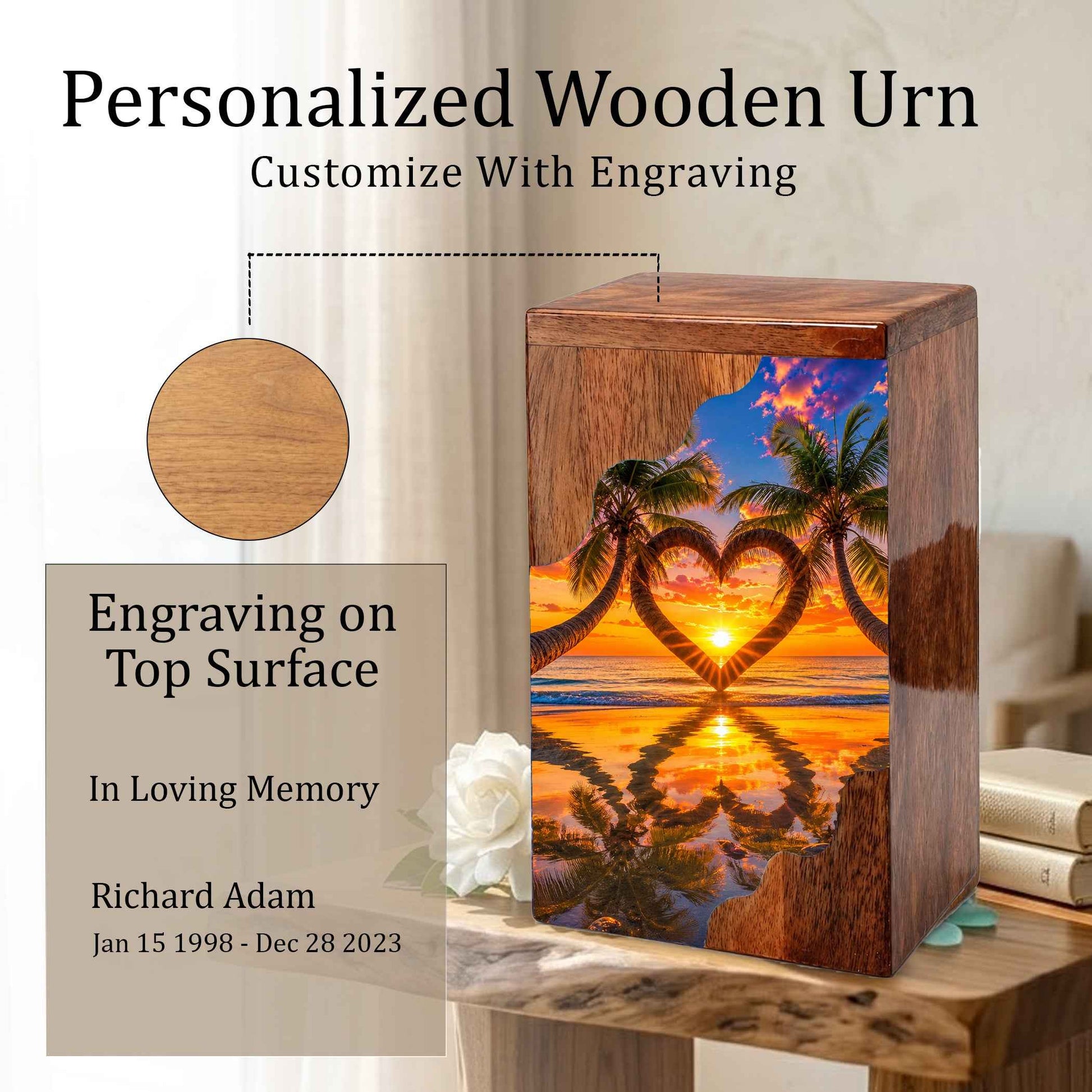 Sunset Beach Urn For Human Ashes – Coastal Beach Mini Wooden Keepsake