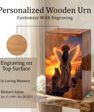 Spirit Guardian Wooden Cremation Urn – Angel Wings Memorial Urn for Human Ashes