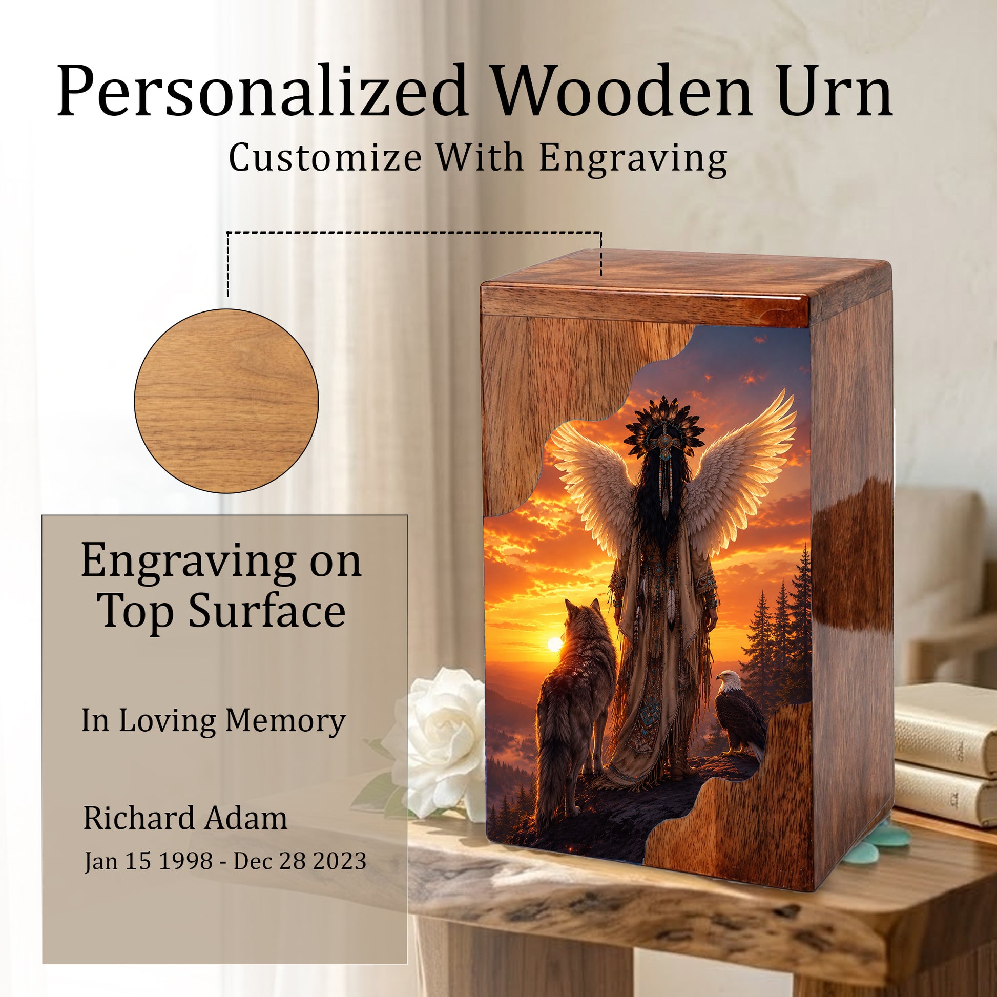 Spirit Guardian Wooden Cremation Urn – Angel Wings Memorial Urn for Human Ashes