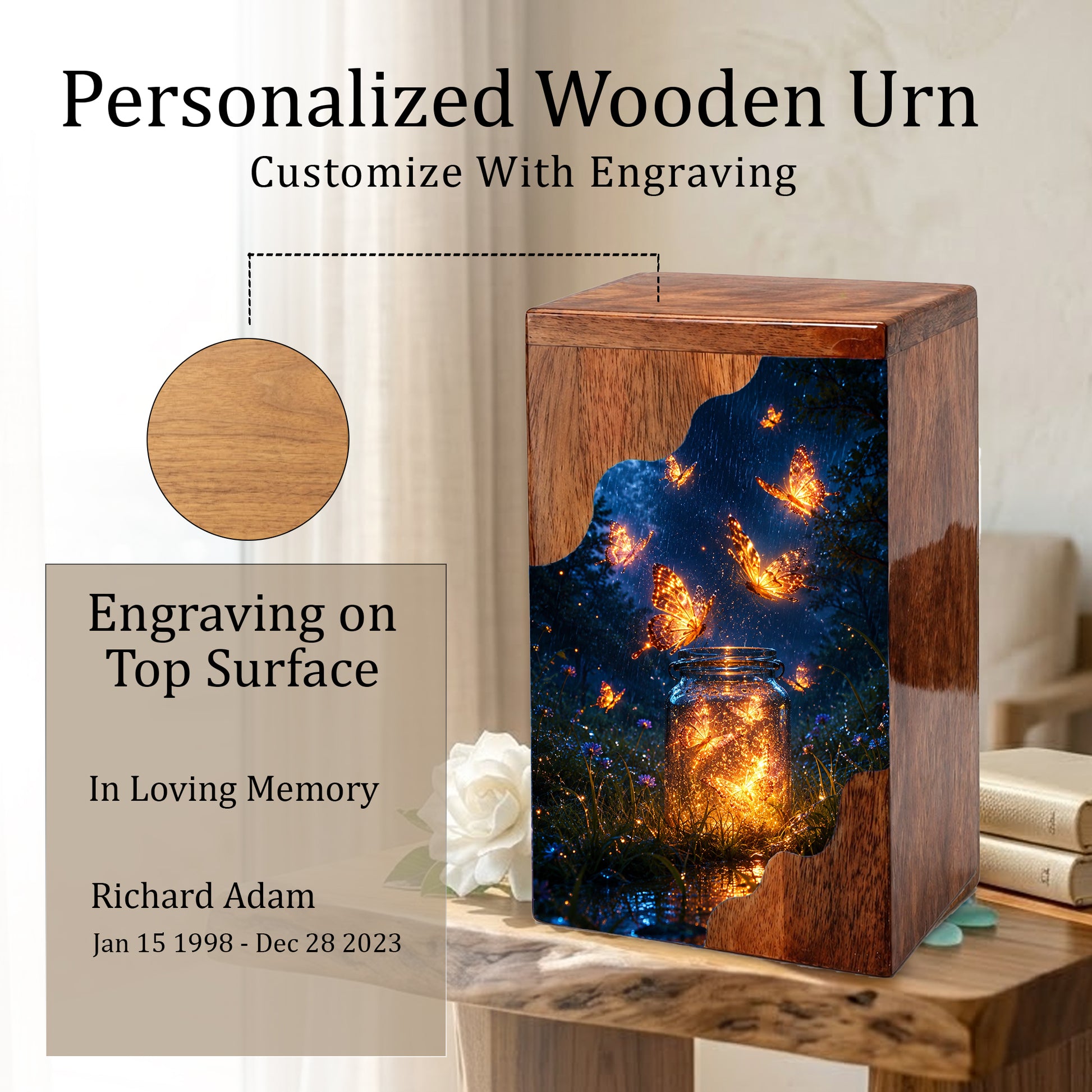 Butterfly Wooden Cremation Urn – Glowing Butterfly Memorial Urn for Human Ashes