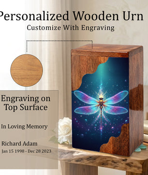 Dragonfly Wooden Cremation Urn – Radiant Butterfly Inspired Memorial Wooden Urn for Human Ashes