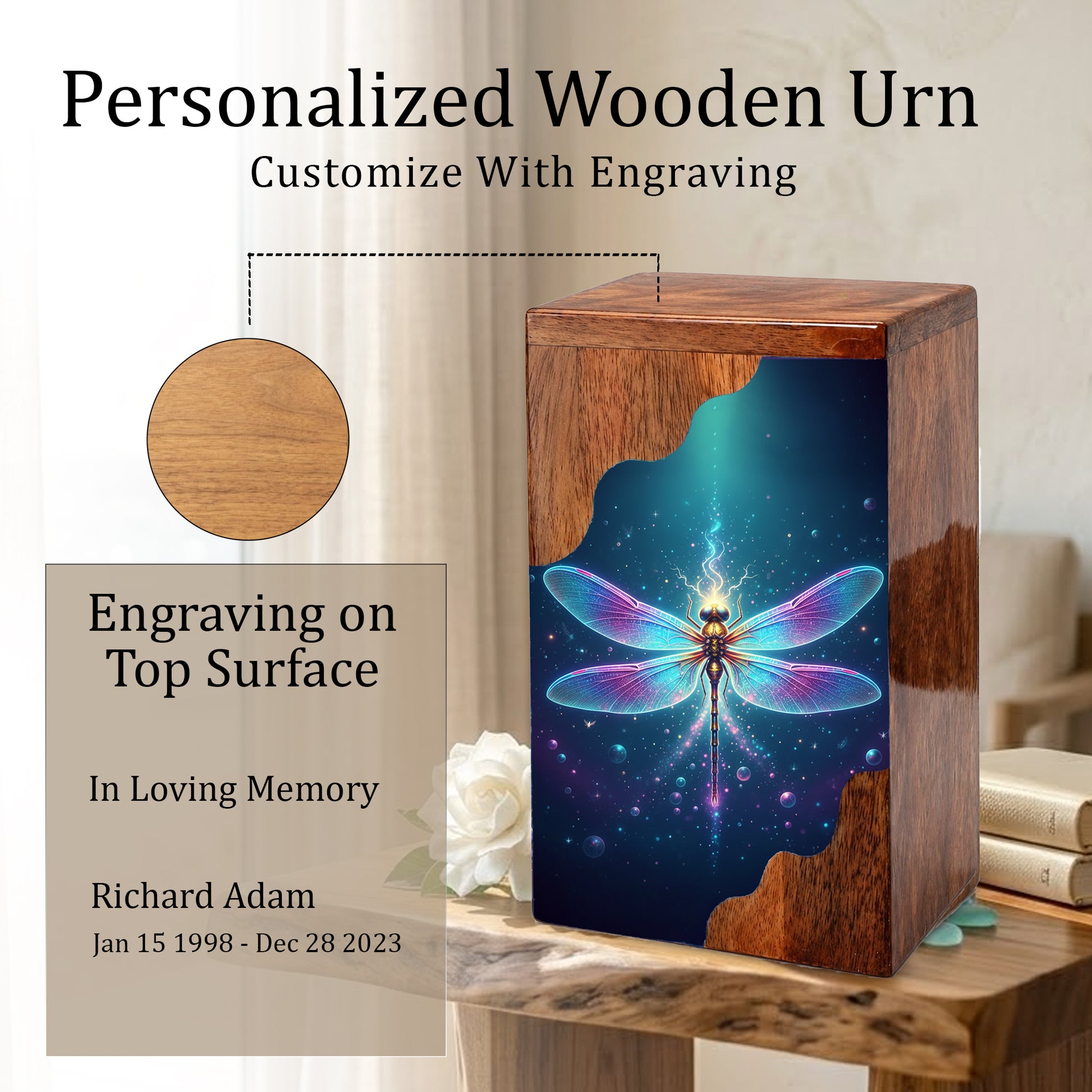 Dragonfly Wooden Cremation Urn – Radiant Butterfly Inspired Memorial Wooden Urn for Human Ashes