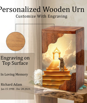 Dog Wooden Cremation Urn – Custom Pet Memorial Urn with Heavenly Dog