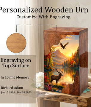Mountain Wildlife Wooden Cremation Urn – Wooden Urn for Human Ashes