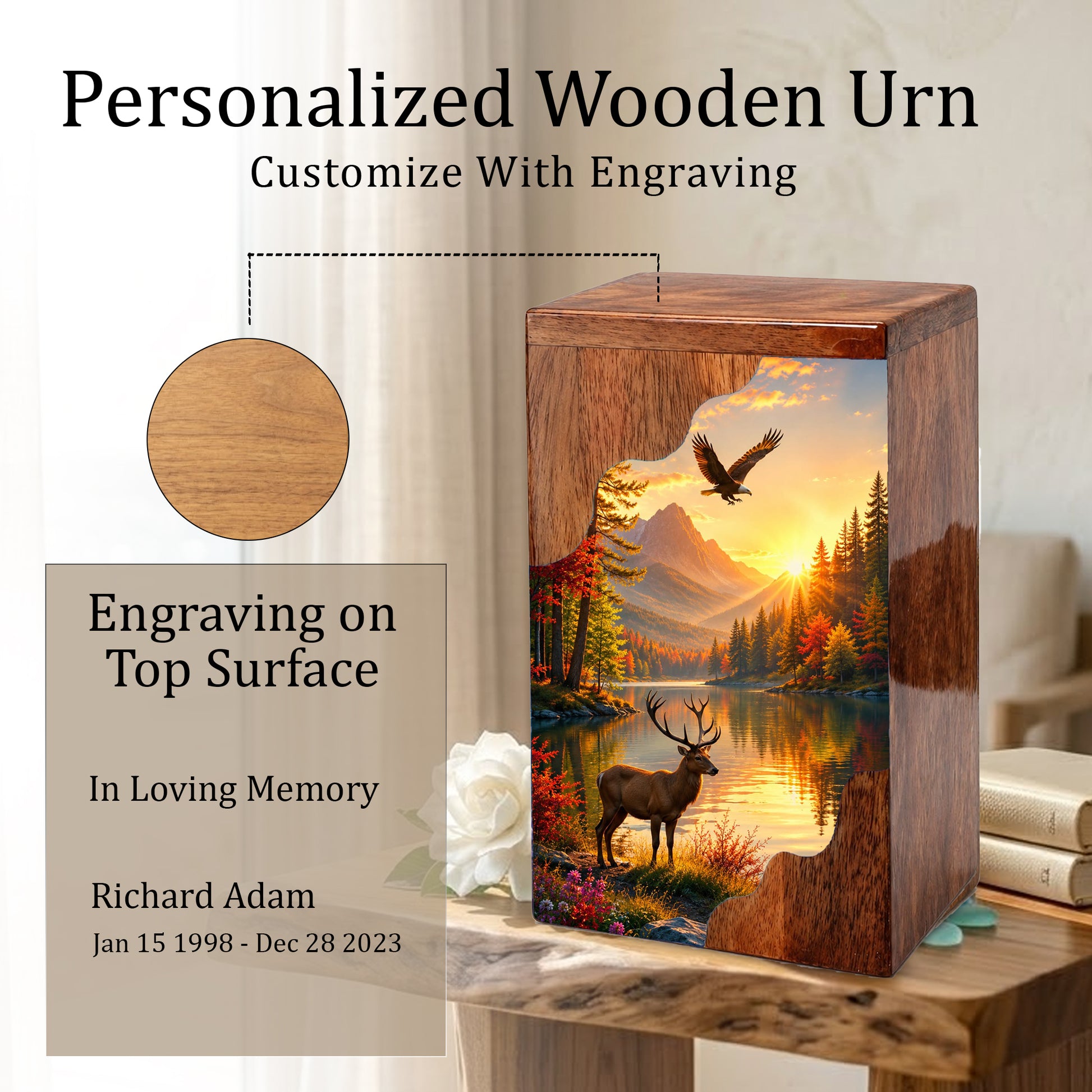 Mountain Wildlife Wooden Cremation Urn – Wooden Urn for Human Ashes