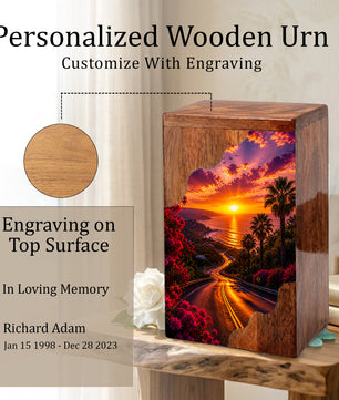 Wooden Cremation Urn for Mom | Sunset Ocean Memorial Urn for Human Ashes