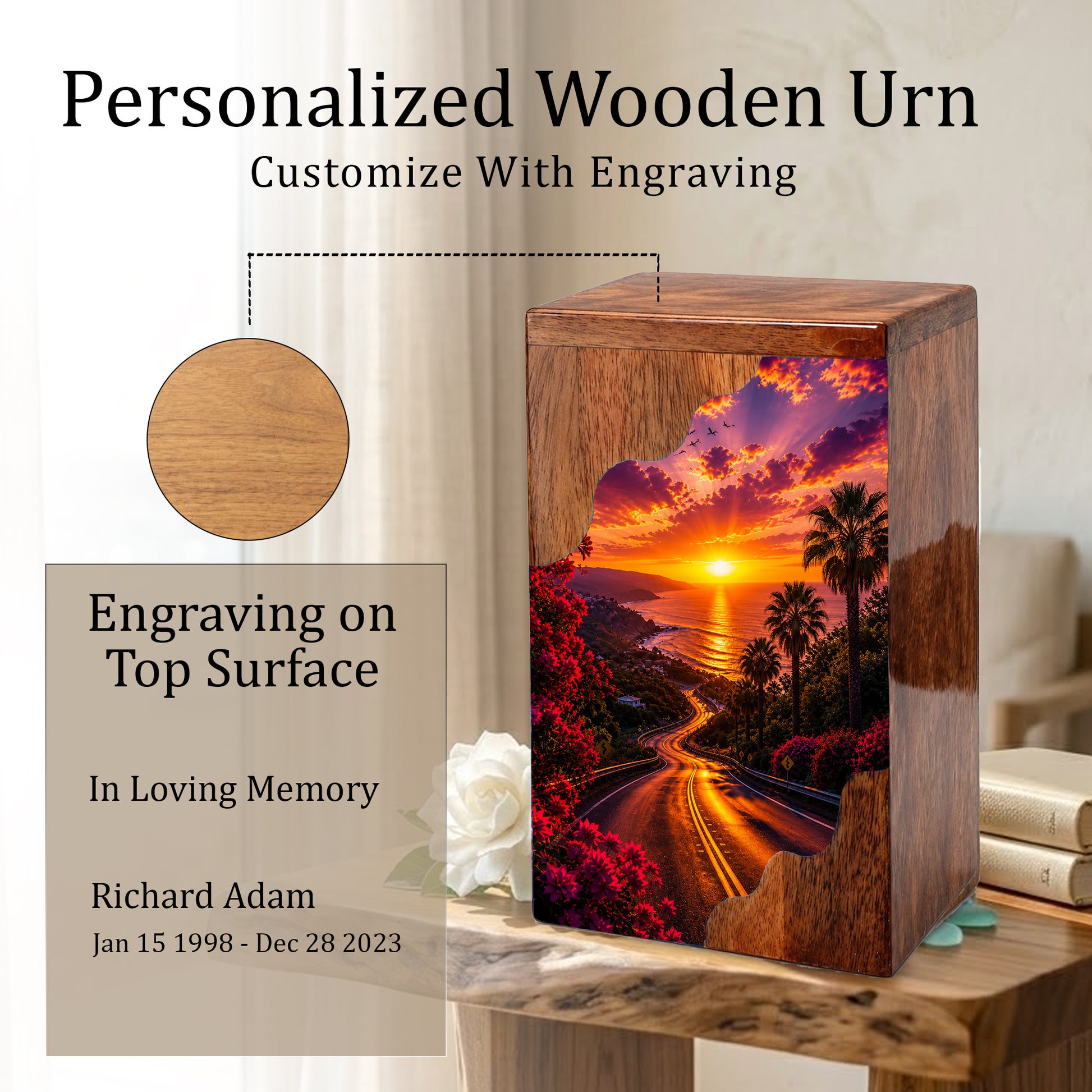 Wooden Cremation Urn for Mom | Sunset Ocean Memorial Urn for Human Ashes