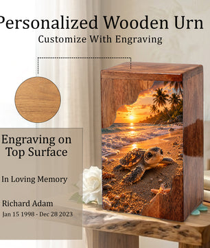 Sea Turtle Wooden Cremation Urn for Human Ashes, Beach Memorial Urn
