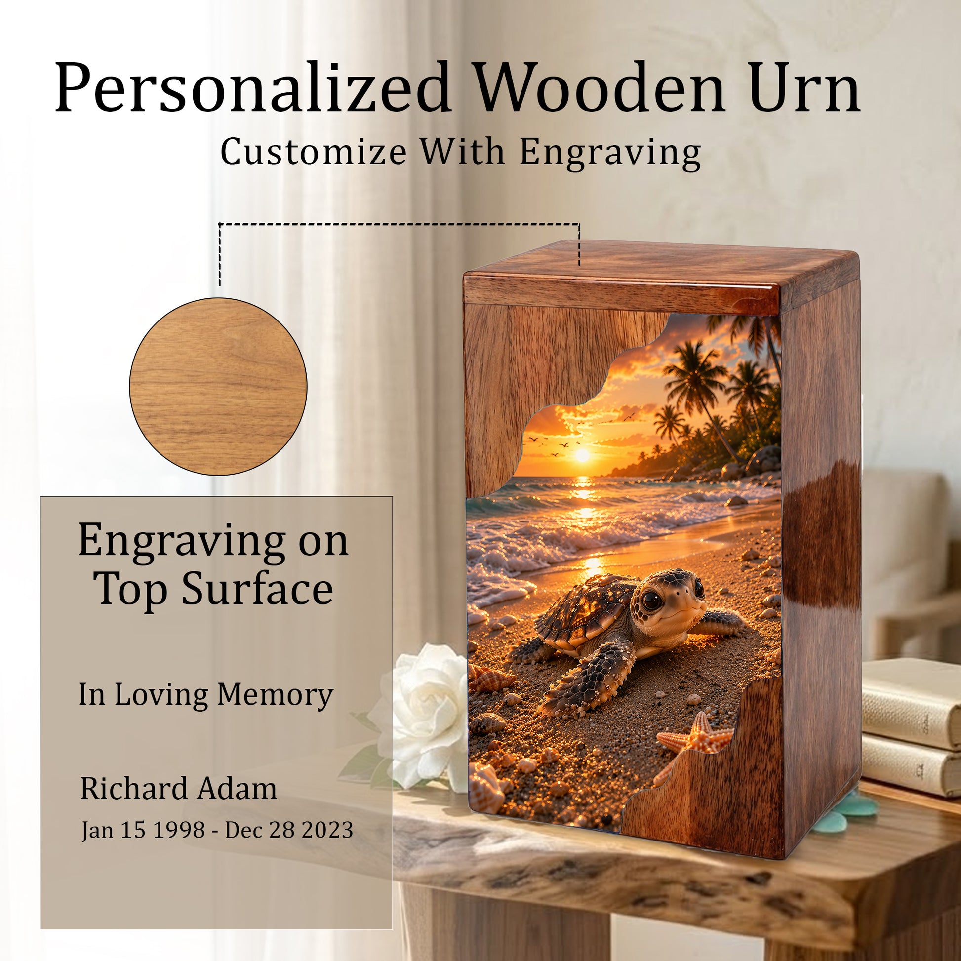 Sea Turtle Wooden Cremation Urn for Human Ashes, Beach Memorial Urn