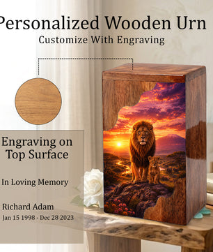 Lion Wooden Cremation Urn – Father Memorial Urn for Ashes | Strength & Legacy Wooden Urn