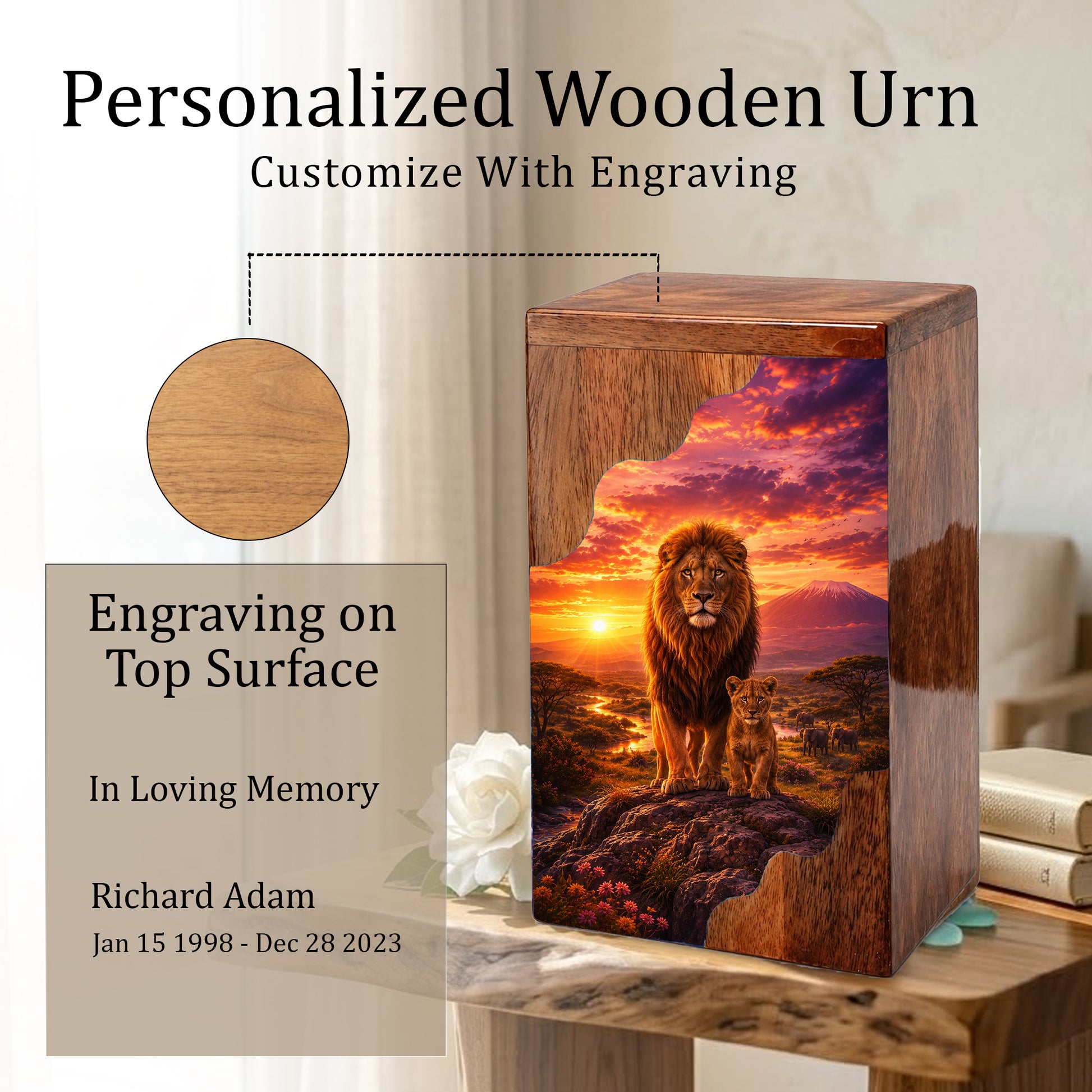 Lion Wooden Cremation Urn – Father Memorial Urn for Ashes | Strength & Legacy Wooden Urn