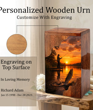 Sunset Fishing Wooden Cremation Urn – Personalized Memorial Urn for Human Ashes
