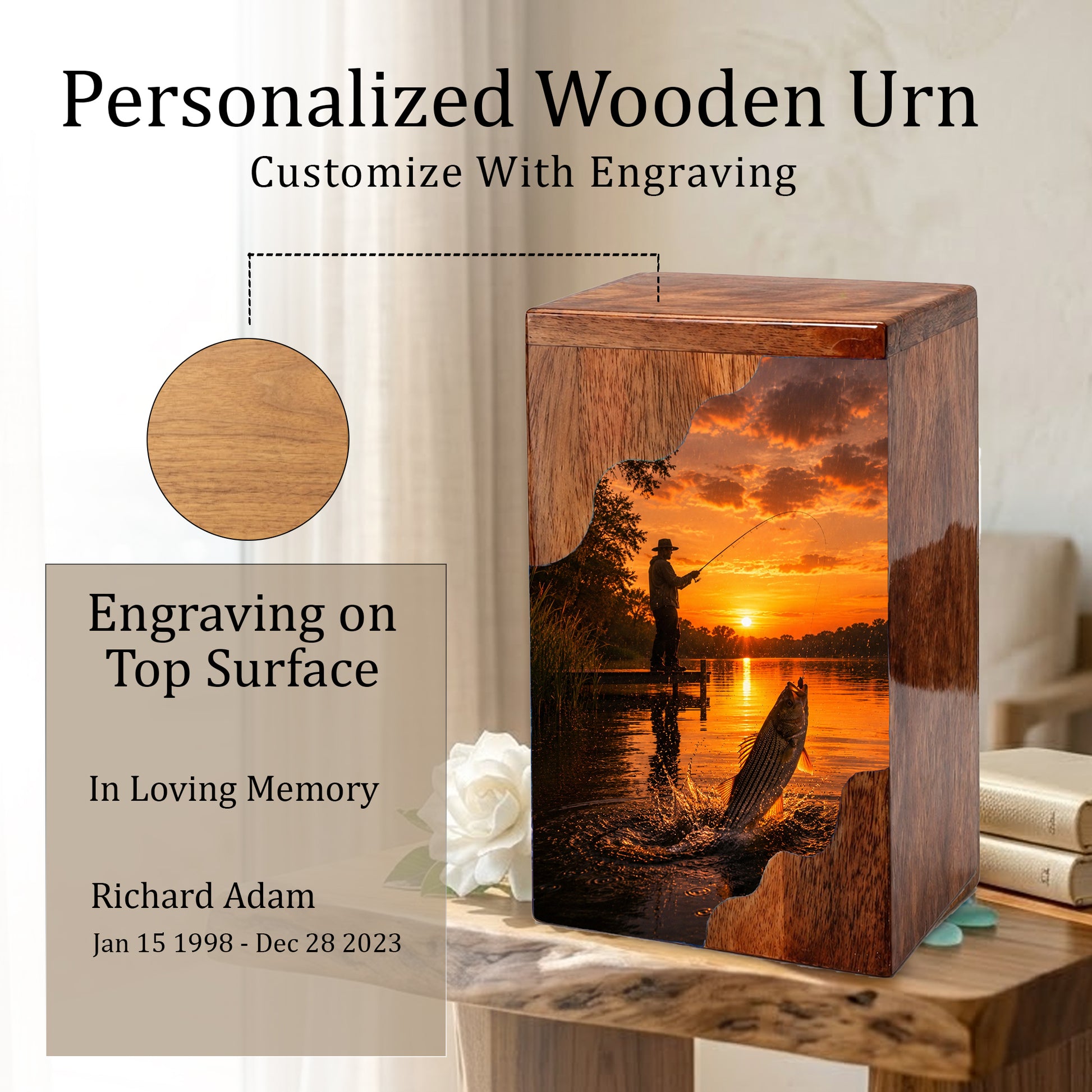 Sunset Fishing Wooden Cremation Urn – Personalized Memorial Urn for Human Ashes