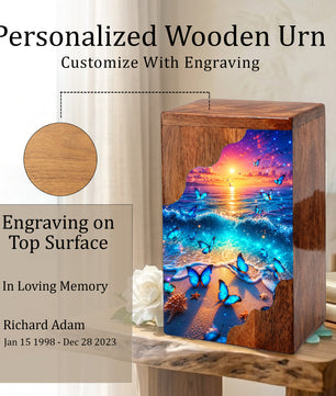 Coastal Butterfly Wooden Cremation Urn – Butterfly Memorial Urn for Human Ashes