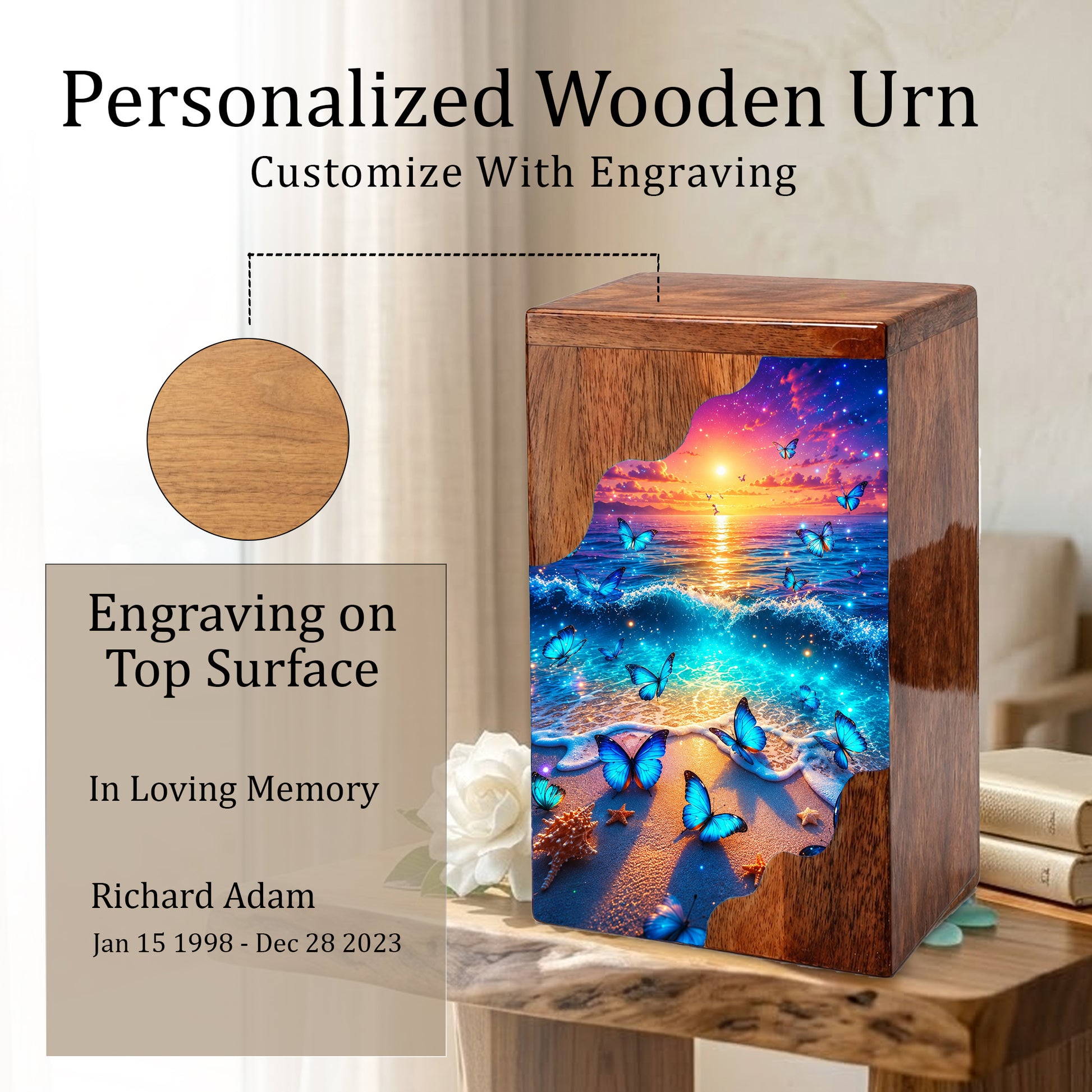 Coastal Butterfly Wooden Cremation Urn – Butterfly Memorial Urn for Human Ashes