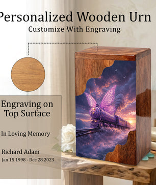 Butterfly Train Wooden Cremation Urn for Human Ashes